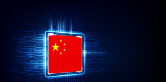 computer chips over digital background with china flag. vector illustration