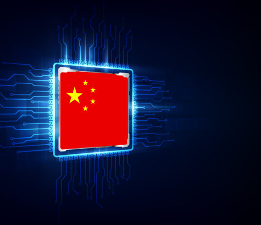 computer chips over digital background with china flag. vector illustration